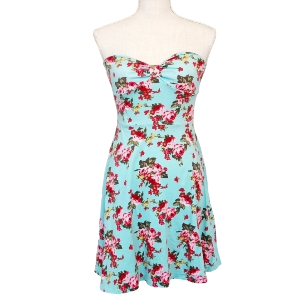 Monteau Ladies Small Aqua Blue Floral Strapless Dress